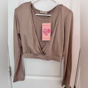 Heart Hips Brown Ribbed Crop Wrap Blouse